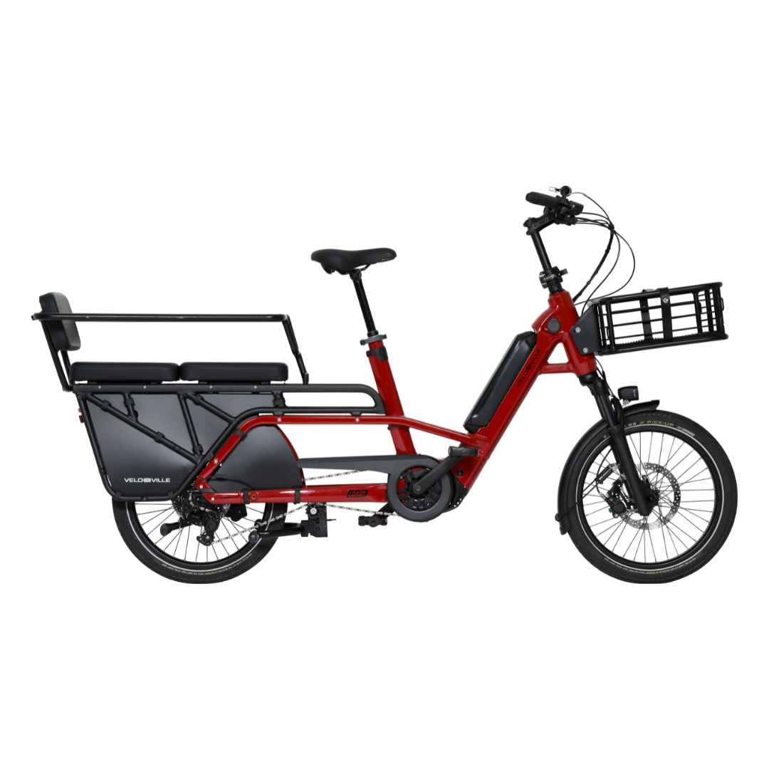 vélo cargo rouge avec place enfants